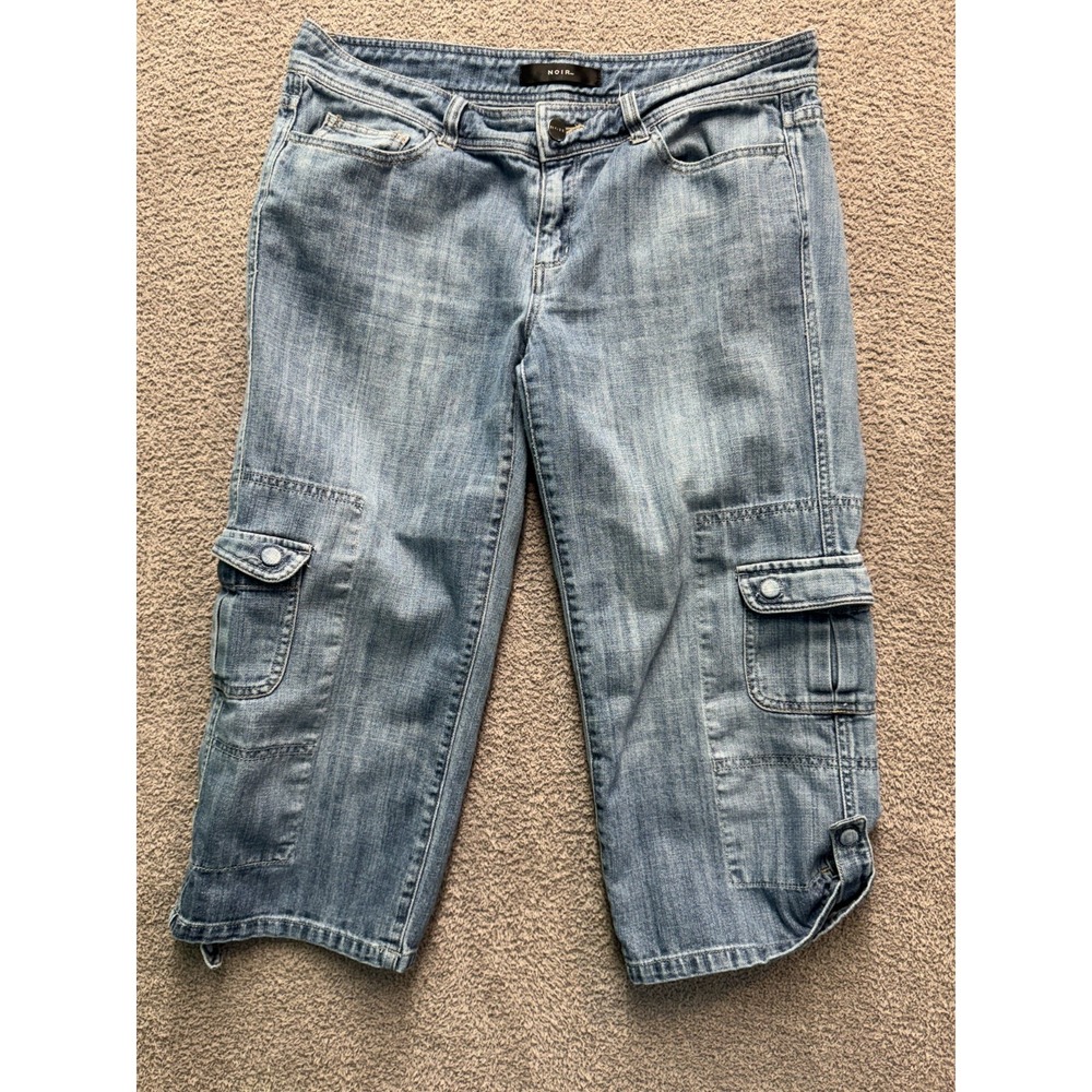 Noir Denim Cargo Capri Pants Women Y2K Utility Blue Size 10 Soft